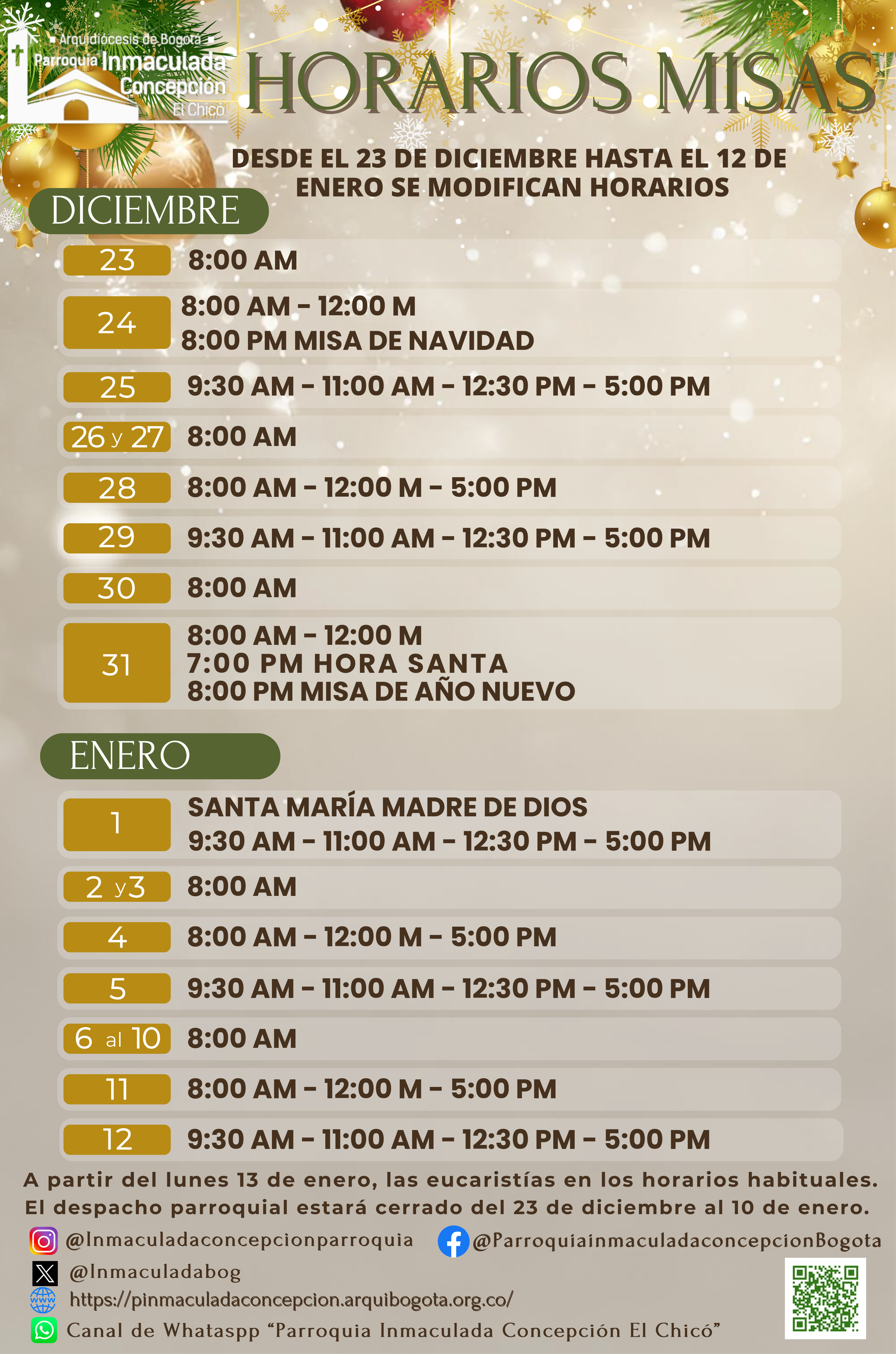HORARIO MISAS TEMPORADA DE VACACIONES